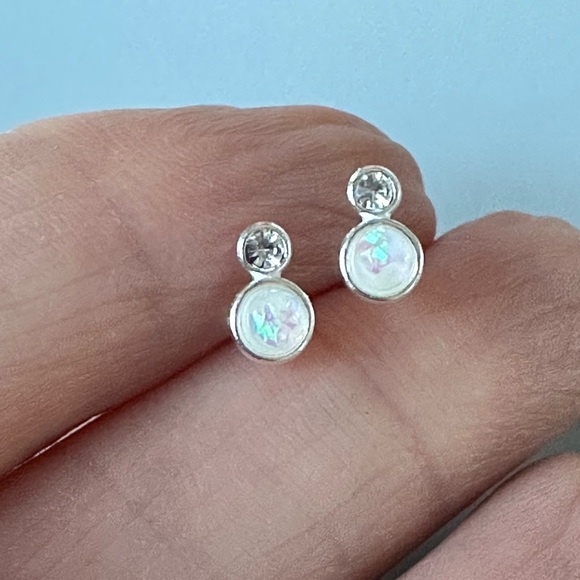 Sterling Silver Crystal and Opal Tiny Stud Earrings - Picture 7 of 9